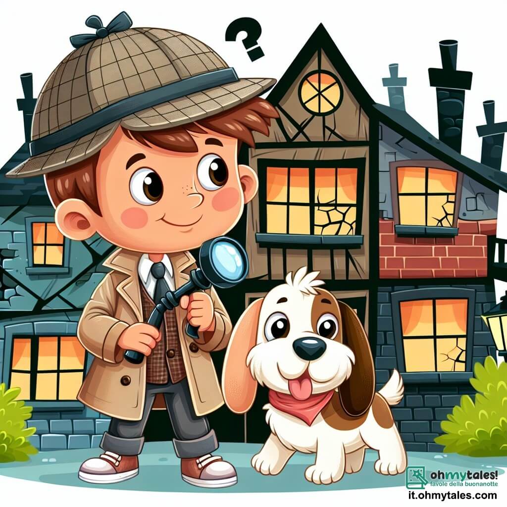 Une illustration destinée aux enfants représentant un jeune détective rusé, accompagné de son fidèle chien détective, explorant une sombre maison abandonnée aux murs craquelés et aux fenêtres brisées, dans la petite ville pittoresque de Valleverde.
