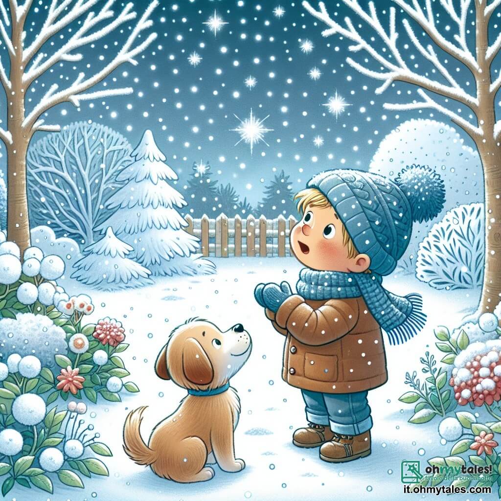 Une illustration destinée aux enfants représentant un petit garçon émerveillé par la neige qui tombe, accompagné de son chien fidèle, dans un jardin d'hiver recouvert d'un manteau blanc scintillant.