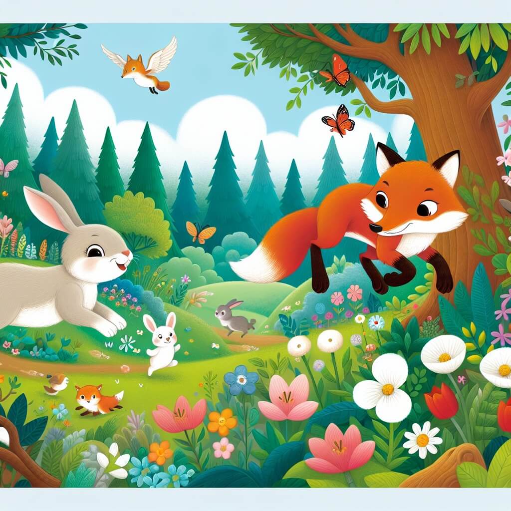 Une illustration destinée aux enfants représentant un lapin farceur qui se retrouve dans une course folle avec un renard espiègle, dans une forêt enchantée remplie de fleurs colorées, d'arbres majestueux et de petits animaux curieux.