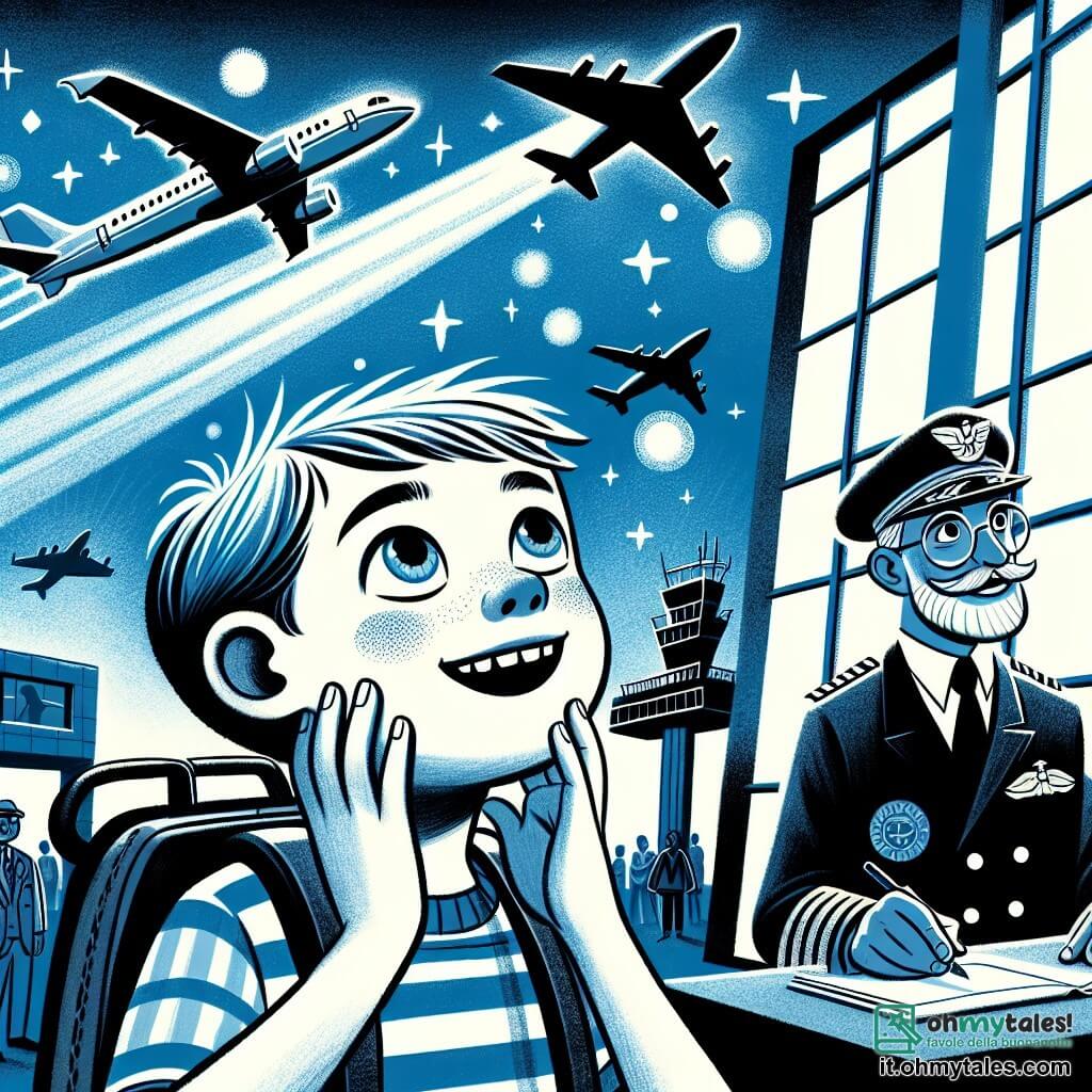Une illustration destinée aux enfants représentant un garçon aux grands yeux brillants, rêvant de devenir pilote d'avion, accompagné d'un pilote expérimenté, dans un aéroport animé où les avions s'élèvent dans un ciel bleu azuré.