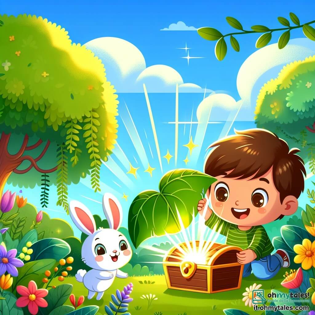 Illustrazione che rappresenta un giardino soleggiato, pieno di fiori colorati e grandi alberi con foglie verdi. Al centro, un bambino di due anni, con capelli castani e occhi scintillanti, sorride sollevando una grande foglia verde brillante. Accanto a lui, un coniglietto bianco con grandi orecchie e occhi maliziosi salta gioiosamente. Insieme scoprono un piccolo scrigno dorato nascosto sotto la foglia, stracolmo di colori vivaci. Raggi di luce sprizzano dallo scrigno, illuminando i loro volti meravigliati. Sullo sfondo, un cielo azzurro chiaro e alcune nuvole bianche aggiungono un tocco di magia a questa scena d'avventura.