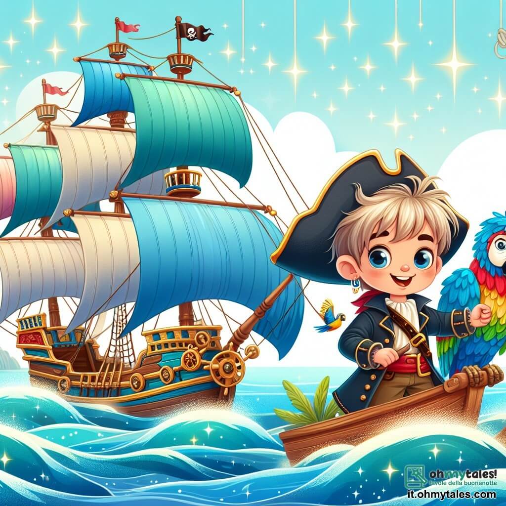 Une illustration destinée aux enfants représentant un jeune garçon intrépide, accompagné de son fidèle perroquet bavard, naviguant sur un navire coloré au milieu d'une mer scintillante parsemée d'îles mystérieuses et de voiles gonflées par le vent, à la recherche du trésor légendaire du pirate Barbanera.