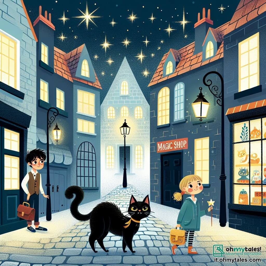 Une illustration destinée aux enfants représentant une jeune fille courageuse, une boutique de magie mystérieuse, un chat noir malicieux et enjoué, située dans une rue pavée étroite bordée de lampadaires scintillants et de maisons aux façades colorées.