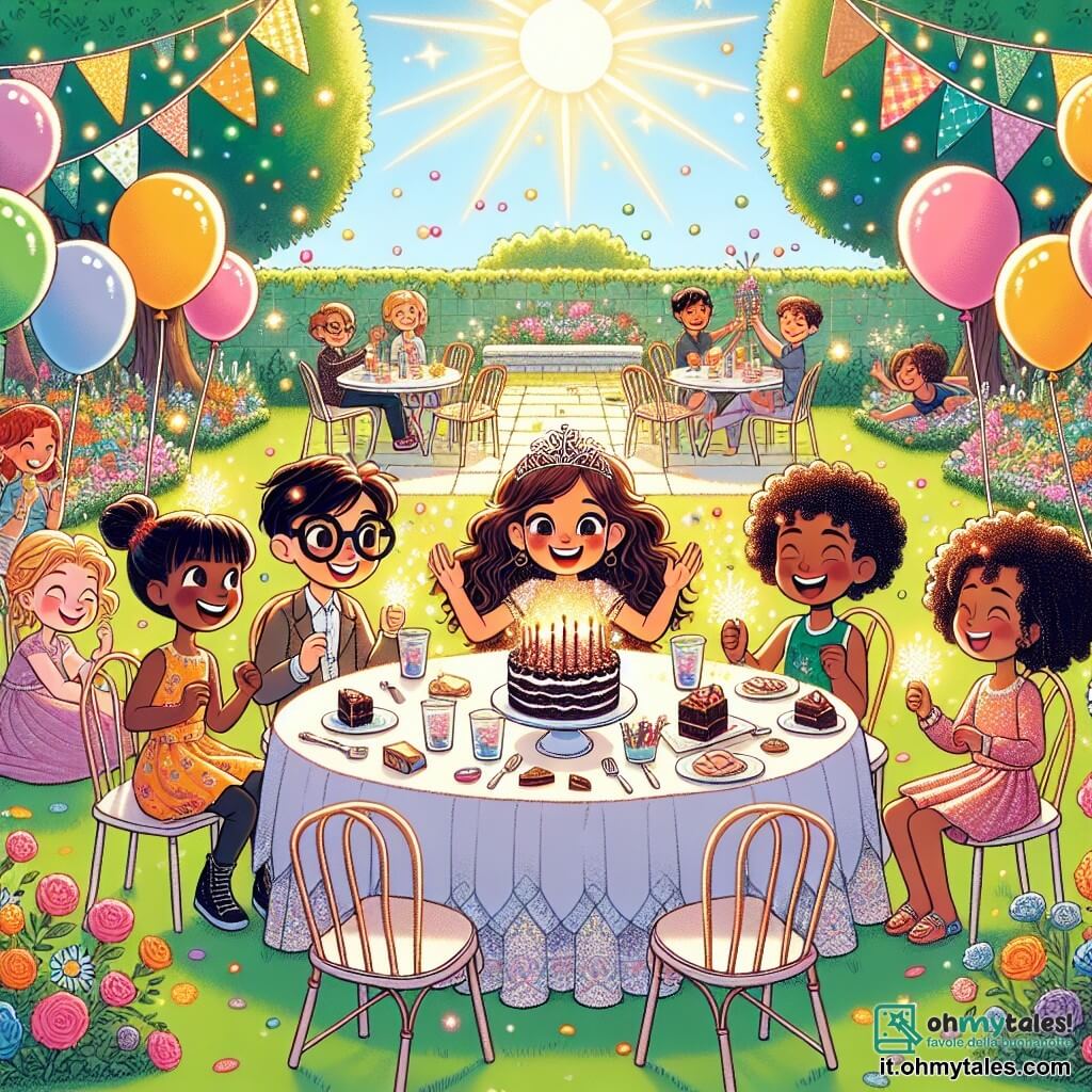 Une illustration sous forme de dessin destinée aux enfants représentant un jardin ensoleillé décoré de ballons colorés et d'une grande table de fête, où une fille de 11 ans aux longs cheveux bruns et aux yeux pétillants sourit joyeusement en tenant une part de gâteau au chocolat, entourée de ses amis : un garçon aux lunettes épaisses qui s'apprête à lancer un jeu, une fille aux cheveux bouclés qui fait fleurir des fleurs autour d'eux, et un garçon qui raconte une histoire captivante, le tout dans une ambiance festive et magique, avec des éclats de rire et des éclats de lumière scintillante dans l'air.