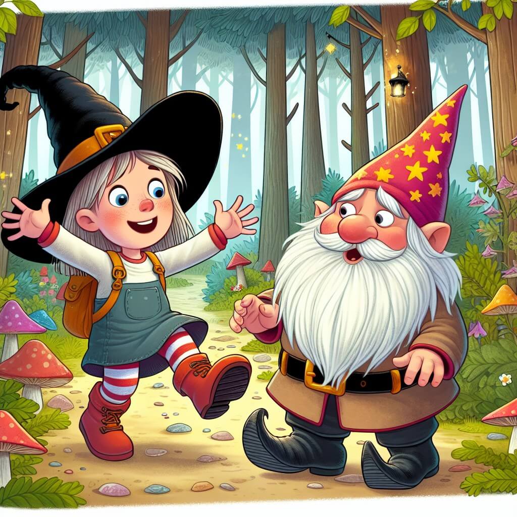 Une illustration destinée aux enfants représentant une jeune sorcière maladroite, qui se retrouve dans une forêt enchantée, accompagnée d'un joyeux gnome à la barbe blanche, où ils vivent des aventures magiques et hilarantes.