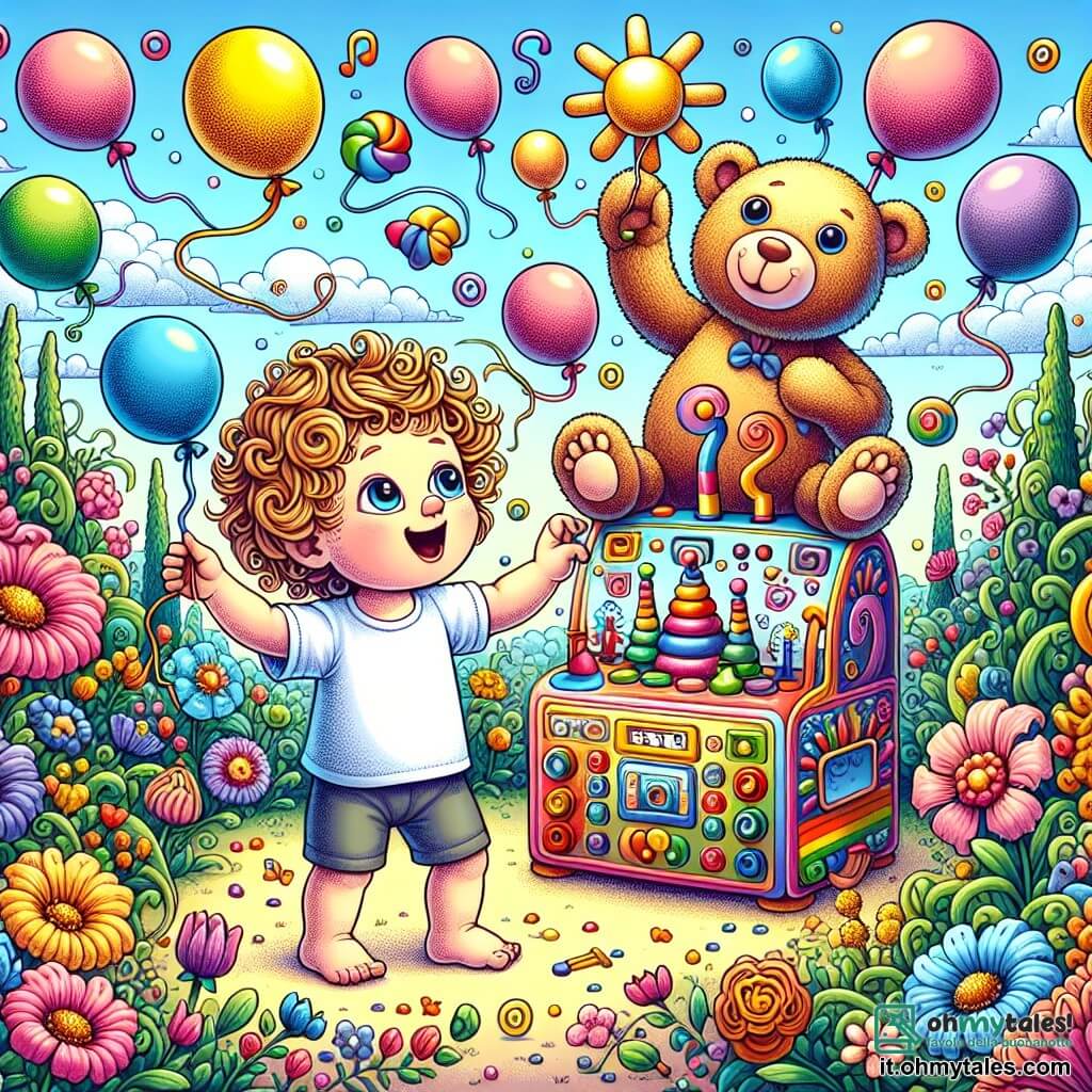 Illustrazione che rappresenta un giardino incantato, pieno di fiori colorati e grandi alberi con foglie verdi brillanti. Al centro, un bambino di circa un anno, con capelli ricci e occhi scintillanti, ride di gusto mentre gioca con una strana macchina fatta di scatole colorate e bottoni luccicanti. Accanto a lui, un grande orso di peluche, con un sorriso caloroso e occhi rotondi, danza gioiosamente, circondato da palloncini multicolori che fluttuano nell'aria. La scena è piena di coriandoli che vorticano intorno a loro, creando un'atmosfera festosa e gioiosa. Il cielo è blu con alcune nuvole soffici, e il sole splende, aggiungendo un tocco di magia a questo momento di puro felicità.