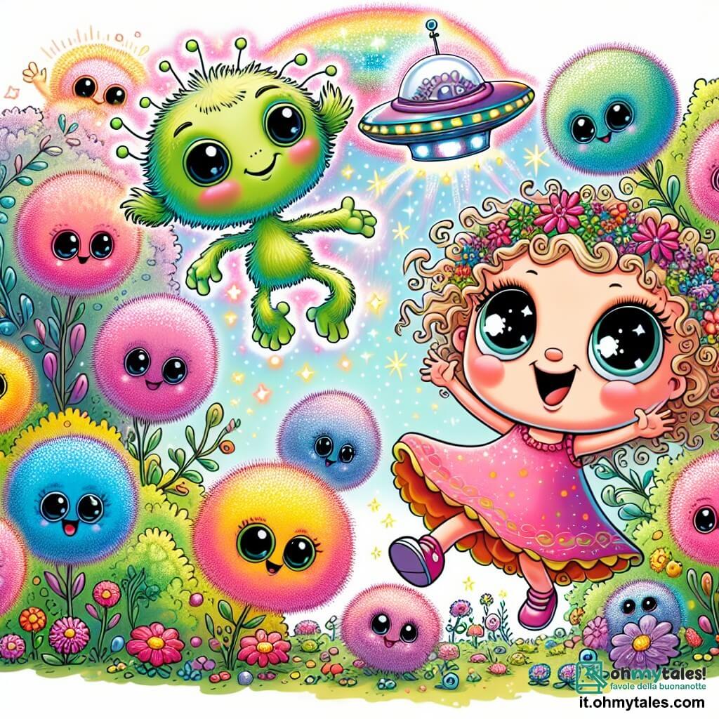 Une illustration sous forme de dessin destinée aux enfants représentant un jardin enchanté rempli de fleurs colorées et d'arbres aux feuilles scintillantes, où une petite fille de 5 ans aux cheveux bouclés et aux yeux pétillants, vêtue d'une robe rose, saute de joie en jouant avec un petit extraterrestre vert aux grands yeux ronds et aux bras longs, qui sourit en lui montrant un vaisseau spatial brillant flottant au-dessus d'eux, tandis qu'un groupe de créatures pelucheuses et colorées, appelées Puffi, les entoure en dansant et chantant, créant une atmosphère de magie et d'amitié intergalactique.