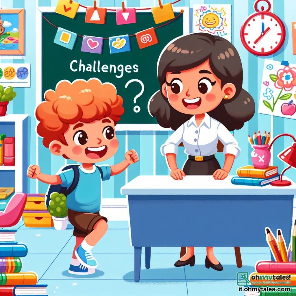 Une illustration destinée aux enfants représentant un garçon vivace et curieux, confronté à des défis à l'école, accompagné de sa nouvelle amie, une fille aux cheveux ricci, dans une classe colorée et joyeuse remplie de livres et de dessins accrochés aux murs.