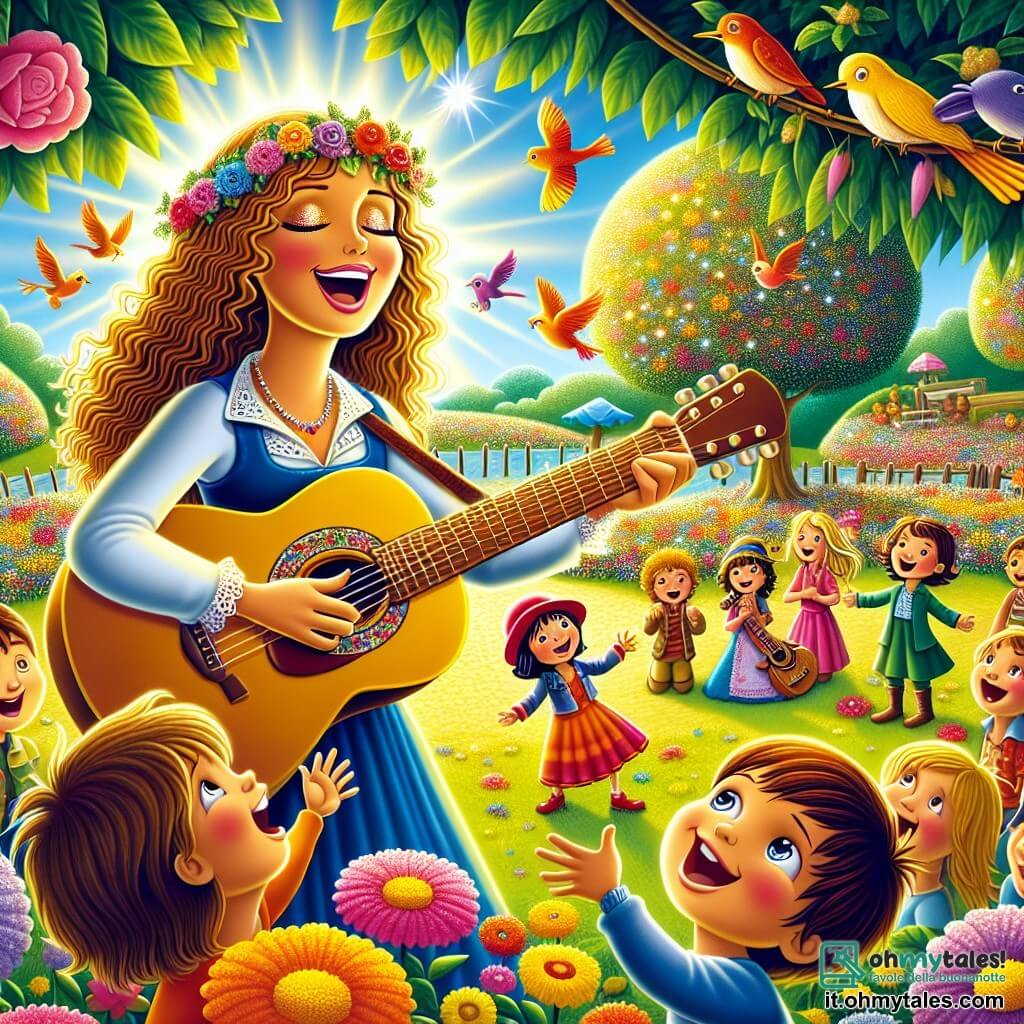 Une illustration sous forme de dessin destinée aux enfants représentant un parc ensoleillé de Melodiana, avec une femme aux longs cheveux bouclés et au sourire éclatant, chantant joyeusement avec une guitare à la main, entourée d'un groupe d'enfants émerveillés, dont un garçon aux yeux brillants et au chapeau rouge qui joue de la petite guitare en essayant de suivre la mélodie, tandis que des fleurs colorées et des oiseaux chantants ajoutent une touche magique à cette scène de partage musical et d'amitié.