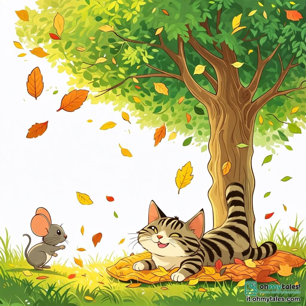 Une illustration sous forme de dessin destinée aux enfants représentant un grand arbre aux feuilles vertes et luxuriantes dans un champ ensoleillé, avec un chat aux poils doux et rayés, allongé sur un coussin de feuilles, riant joyeusement, tandis qu'un petit souris à la fourrure grise et aux grandes oreilles, sautillant autour de lui, essaie de rattraper des feuilles qui volent au gré du vent, capturant l'esprit ludique de leur jeu amical.