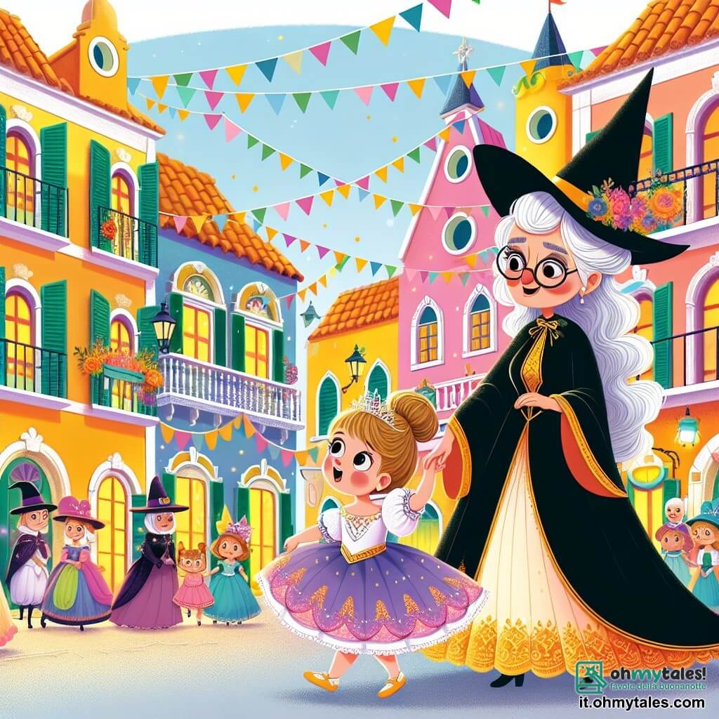 Une illustration destinée aux enfants représentant une fillette vêtue d'un somptueux costume de princesse, accompagnée de sa grand-mère déguisée en sorcière, marchant dans les rues décorées de Villallegro, un village aux maisons colorées et aux drapeaux festifs.