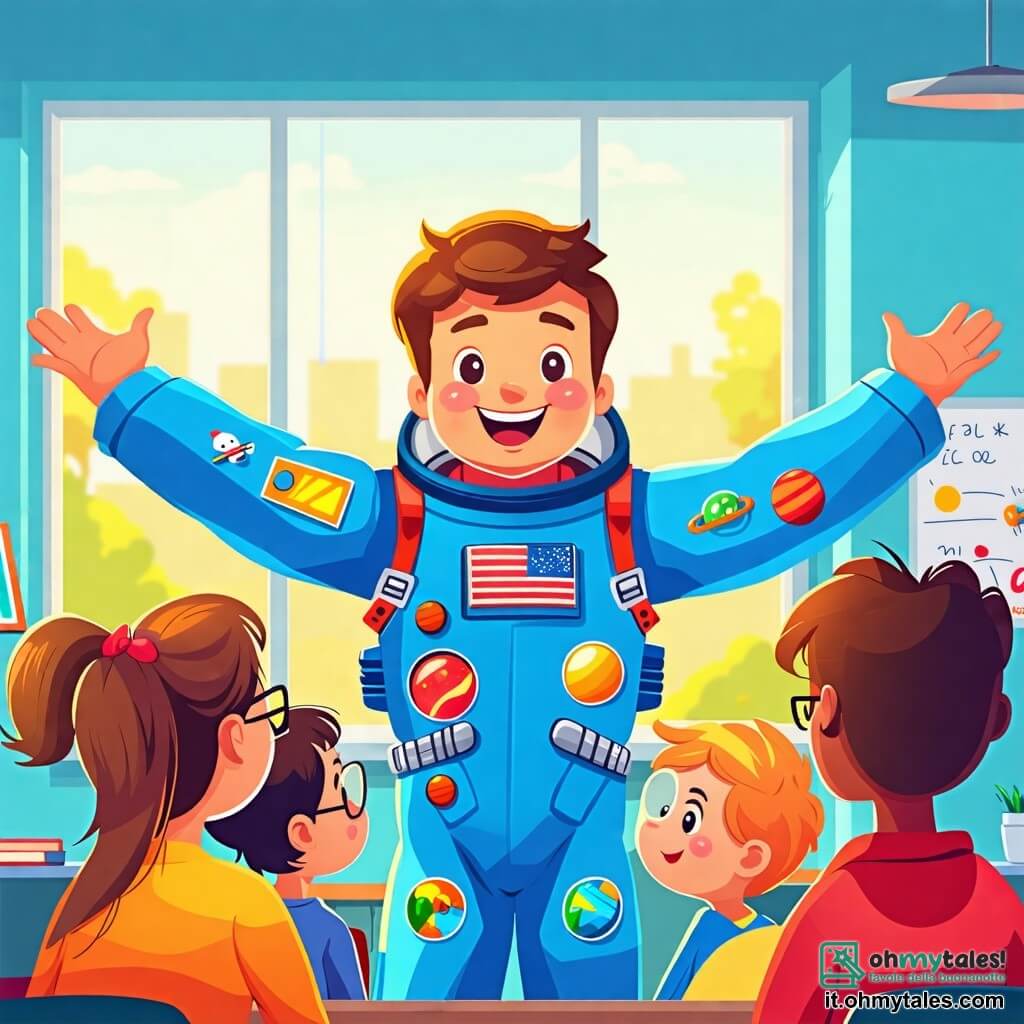 Illustrazione che rappresenta un'aula luminosa, con pareti dipinte di azzurro chiaro e finestre aperte che lasciano entrare la luce del sole. Al centro, un uomo alto e sorridente, vestito con una tuta da astronauta blu con distintivi colorati, si erge in piedi, le braccia aperte in segno di benvenuto. I suoi capelli ricci e il suo volto amichevole ispirano curiosità e meraviglia. Intorno a lui, un gruppo di cinque bambini, di età compresa tra gli 8 e i 10 anni, ascolta attentamente. Tra di loro, una ragazza con occhiali rotondi e capelli castani raccolti in una coda di cavallo, che guarda l'astronauta con occhi sgranati. Accanto a lei, un ragazzo con capelli biondi in disordine, sorridente e con la mano alzata per fare una domanda. La scena cattura il momento in cui l'astronauta racconta le sue avventure nello spazio, circondato da disegni di pianeti e stelle appesi alle pareti. Stelle scintillanti e illustrazioni di razzi fluttuano nell'aria, aggiungendo un tocco di magia all'atmosfera. I bambini sono rapiti, i loro volti illuminati dall'eccitazione e dalla meraviglia, pronti a sognare viaggi interstellari.