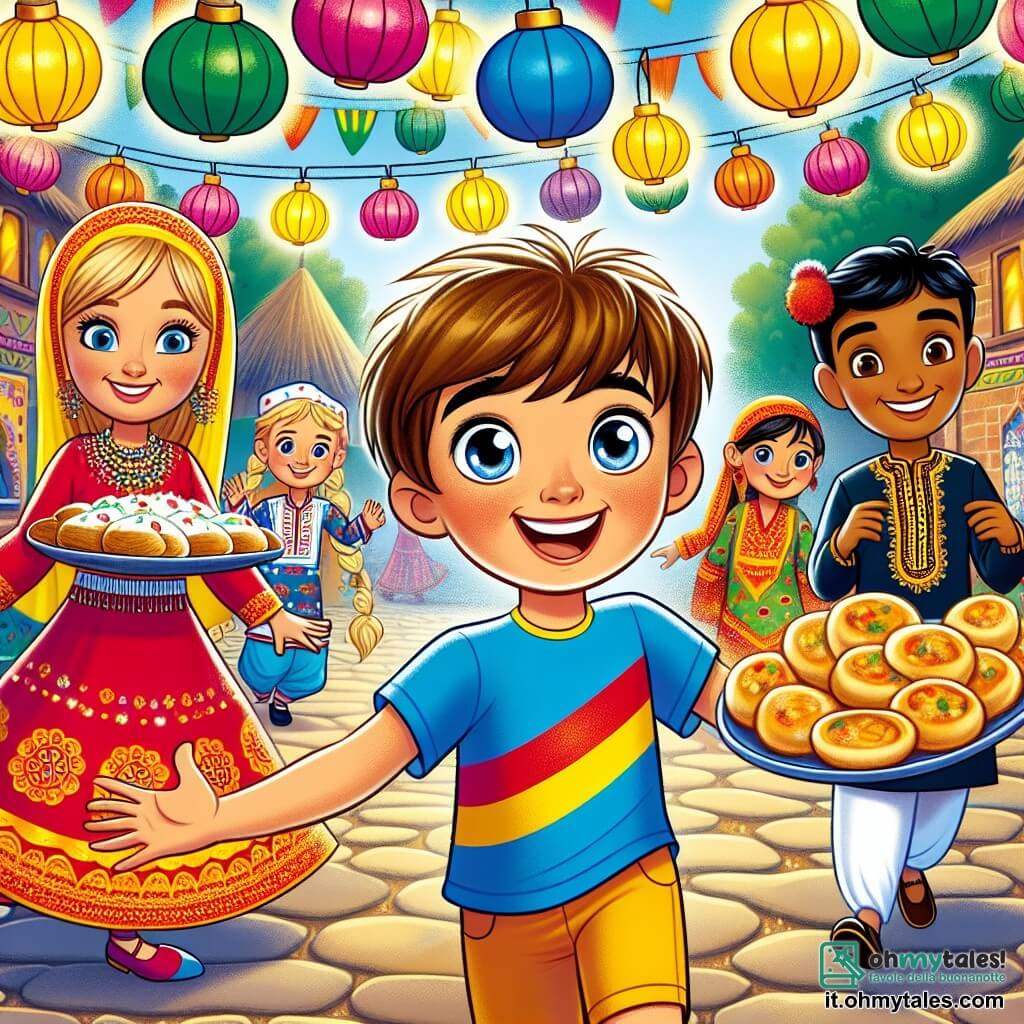 Une illustration sous forme de dessin destinée aux enfants représentant un village coloré en pleine fête, avec des lanternes multicolores suspendues aux arbres, au centre un garçon de 11 ans aux cheveux bruns et aux yeux pétillants, portant une t-shirt lumineuse et dansant joyeusement, entouré de ses amis : une fille aux cheveux blonds et aux yeux bleus, vêtue d'une robe traditionnelle russe, qui tient un plat de blinis, et un garçon d'origine pakistanaise avec des cheveux noirs et un sourire éclatant, portant un t-shirt et tenant des samosas, tous célébrant ensemble la diversité culturelle à travers la danse et la nourriture.