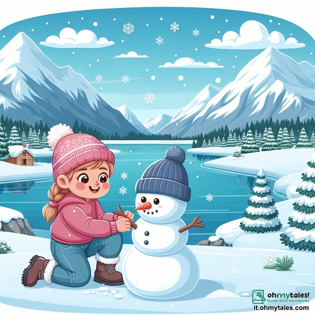 Une illustration destinée aux enfants représentant une fillette joyeuse construisant un pupazzo di neve avec l'aide d'un garçon, sur un magnifique lac ghiacciato entouré de montagnes enneigées.