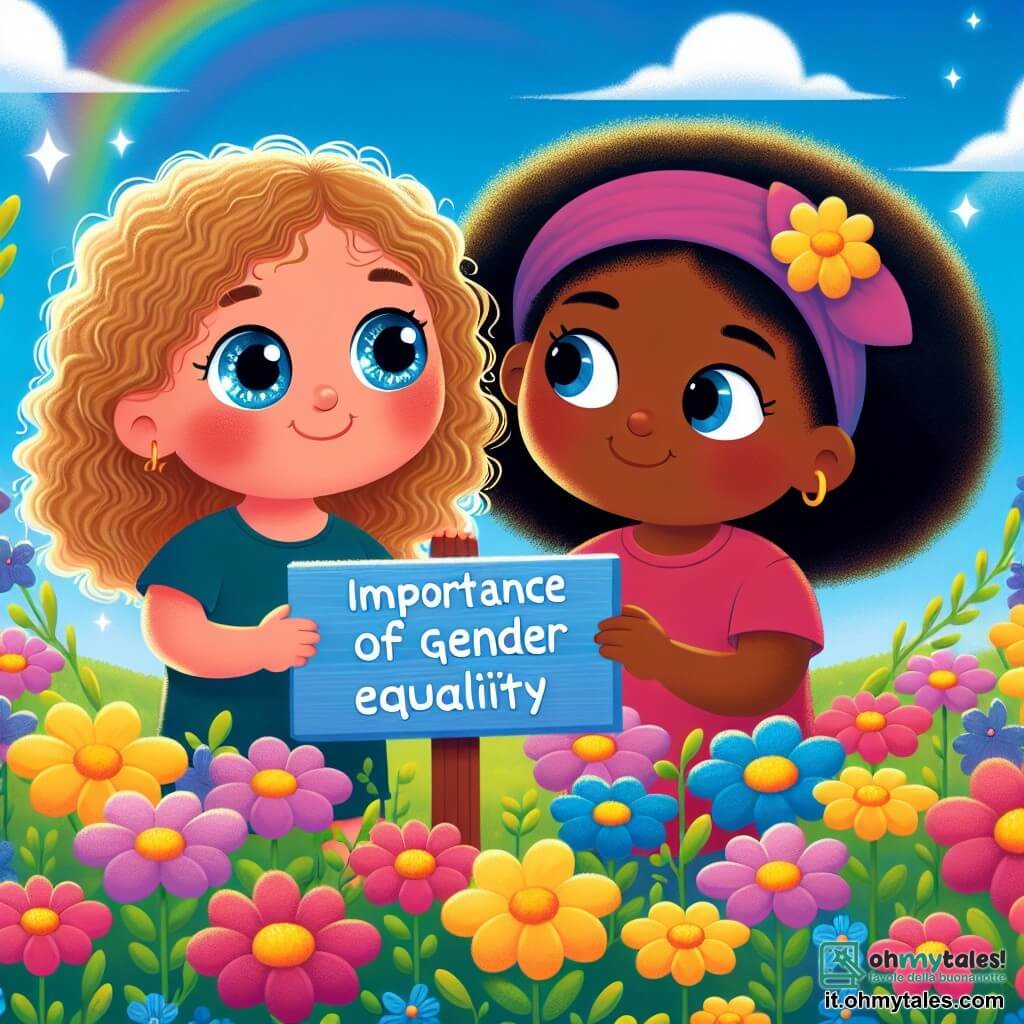 Une illustration destinée aux enfants représentant une fillette aux cheveux bouclés et aux yeux brillants, découvrant une pancarte sur l'importance de l'égualité des sexes, accompagnée de sa nouvelle amie aux cheveux noirs, dans un jardin fleuri aux couleurs vives et au ciel bleu azur.