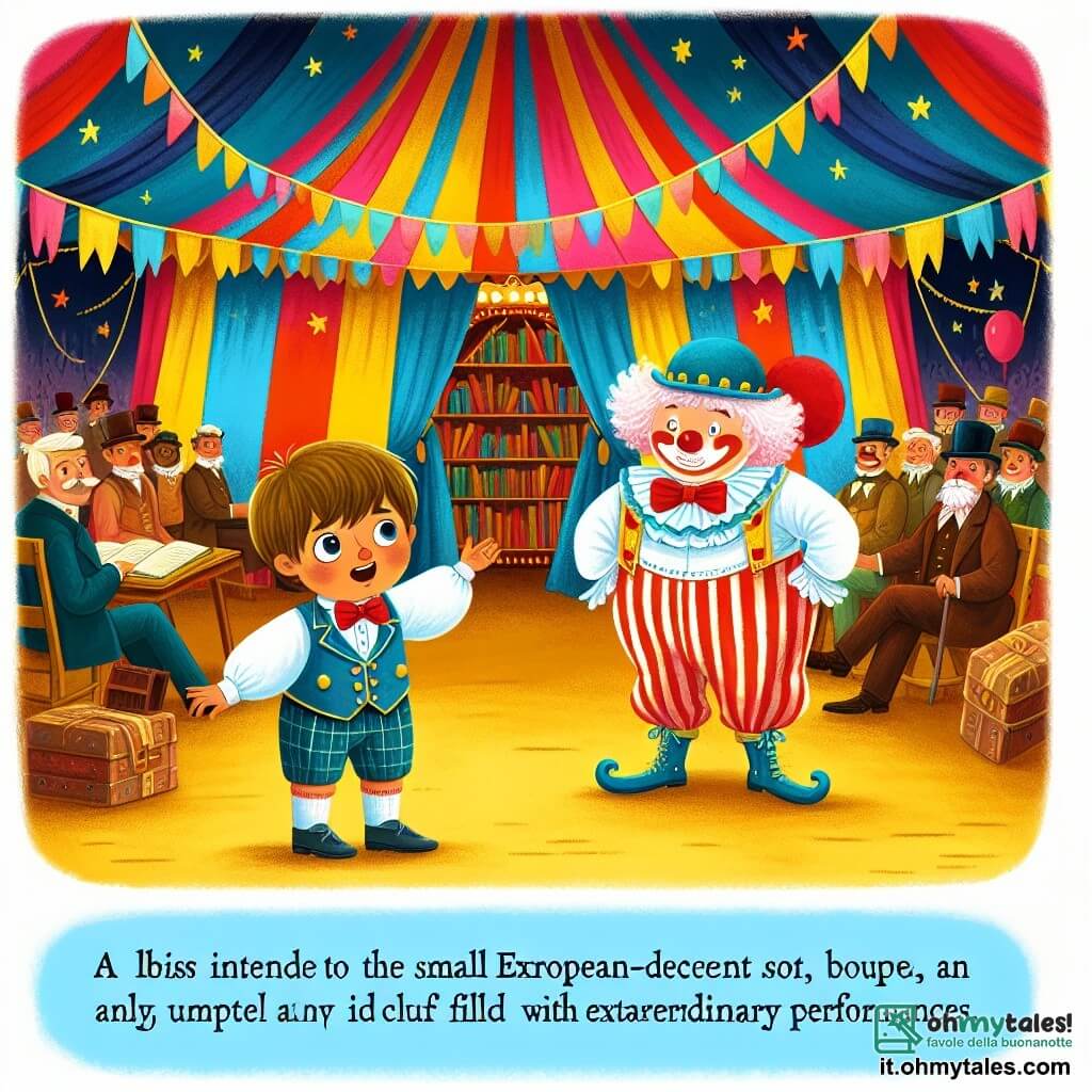 Une illustration destinée aux enfants représentant un petit garçon émerveillé par les spectacles du cirque, accompagné d'un clown rigolo, au cœur d'une grande tente colorée et animée par les numéros extraordinaires.