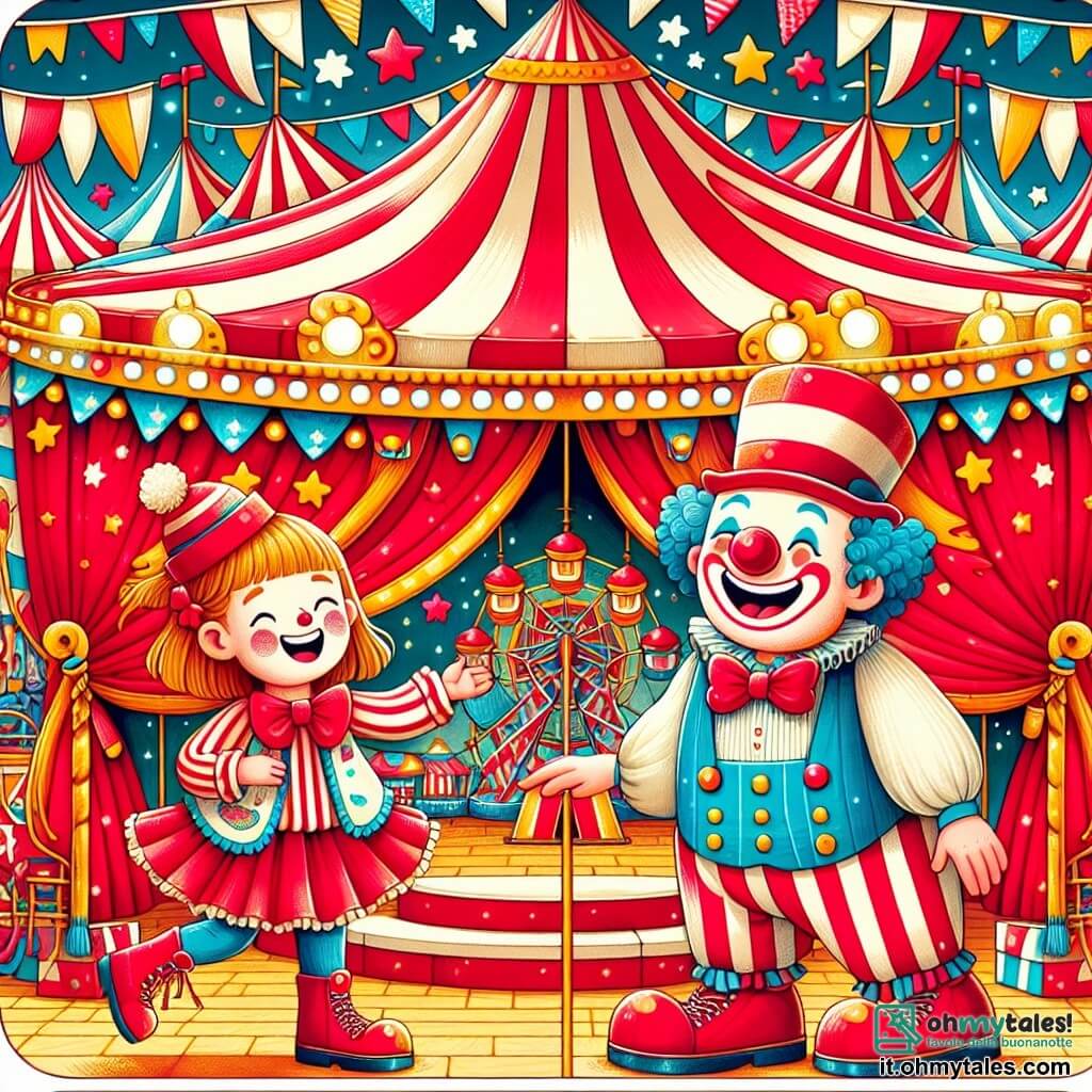 Une illustration destinée aux enfants représentant une petite fille enthousiaste au cirque, dans la grande tenda colorata aux dômes rayés de rouge et blanc, accompagnée d'un clown rigolo à la démarche maladroite.