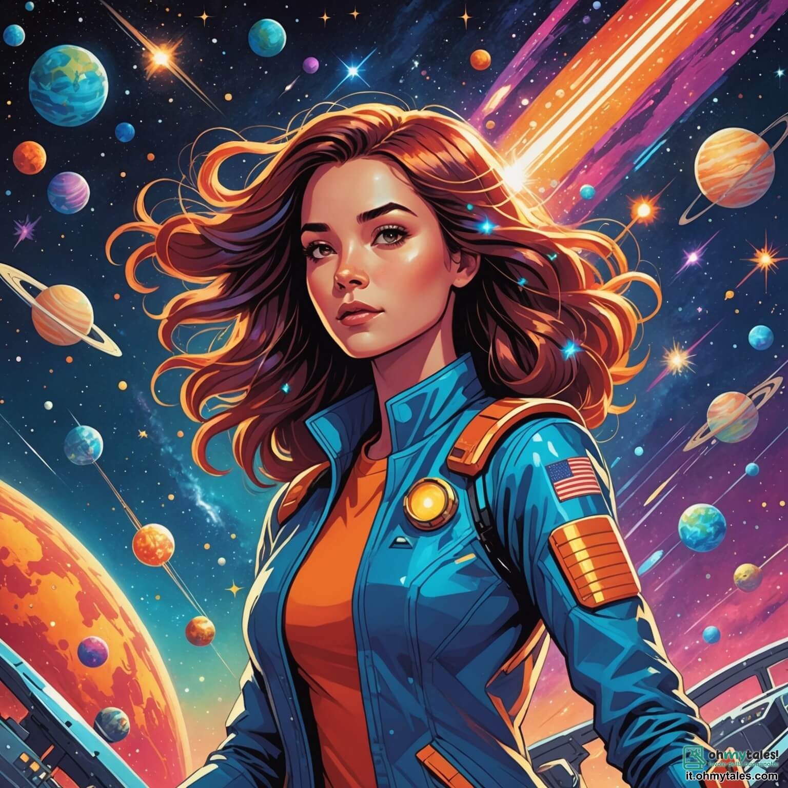 Une illustration destinée aux enfants représentant une jeune femme audacieuse aux cheveux flottants comme des étoiles filantes, naviguant à bord d'un vaisseau spatial étincelant, dans un cosmos vibrant de couleurs éclatantes où des nébuleuses dansent comme des feux d'artifice, tandis qu'un compagnon robotique au regard amical l'assiste avec des hologrammes lumineux, le tout se déroulant dans l'immensité de l'univers, parsemée de planètes aux teintes chatoyantes et de comètes scintillantes.
