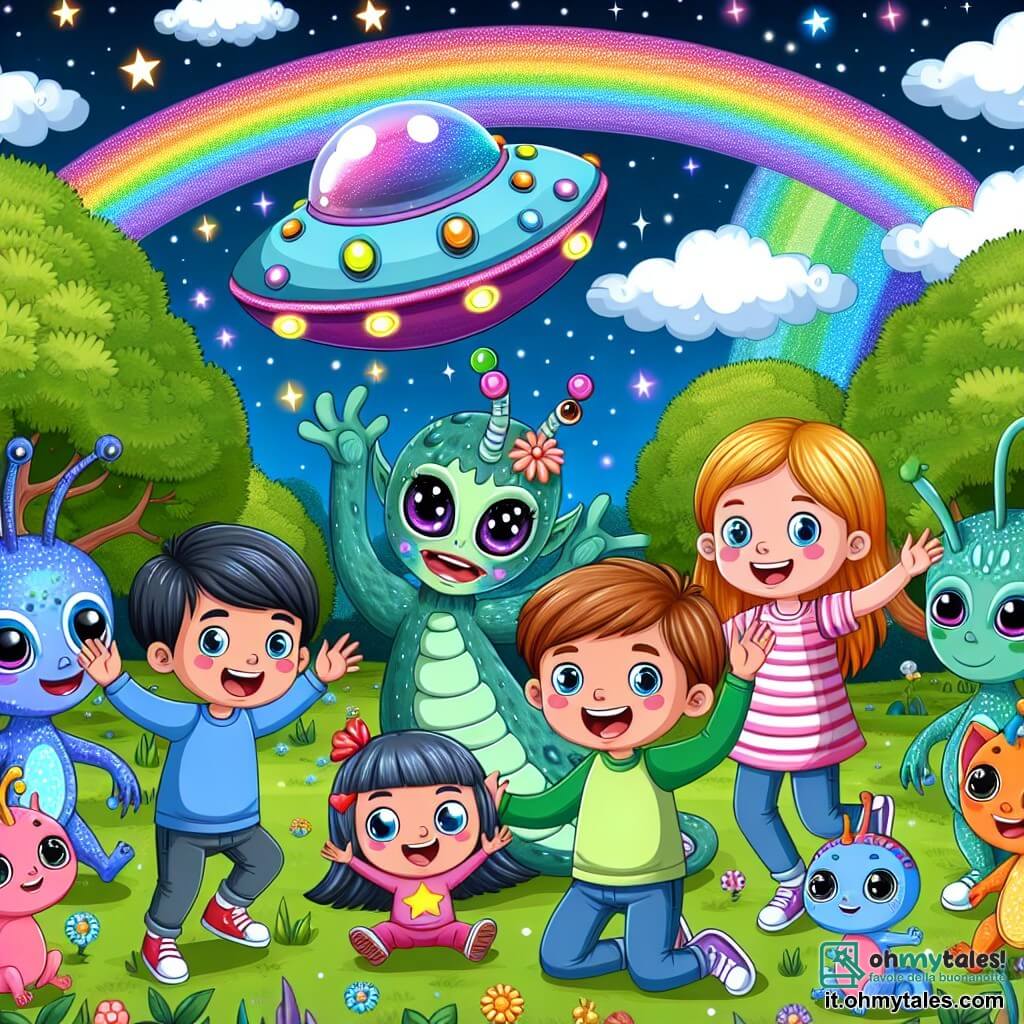 Une illustration sous forme de dessin destinée aux enfants représentant un groupe de quatre enfants de 7 ans, deux garçons aux cheveux bruns et une fille aux cheveux blonds, tous souriants et émerveillés, jouant dans un parc verdoyant sous un ciel étoilé, entourés de créatures extraterrestres colorées avec une peau scintillante et des yeux grands et curieux, tandis qu'une navicella spatiale arc-en-ciel est posée à proximité, illustrant leur rencontre magique et amicale avec ces visiteurs d'un autre monde.