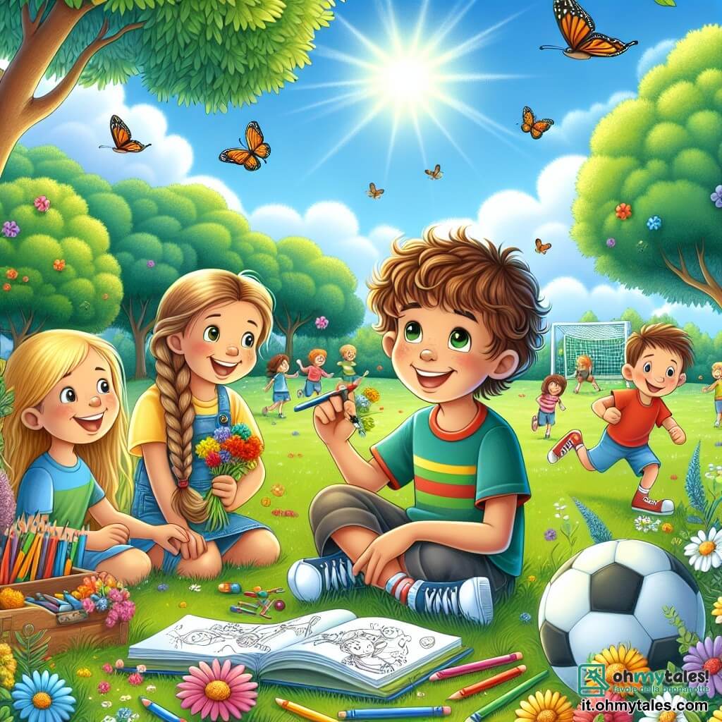 Illustrazione che rappresenta un magnifico parco in estate, con un cielo blu splendente e alberi verdi. Al centro, un ragazzo di 11 anni, con capelli castani e ricci, indossa una maglietta colorata e pantaloni corti. È seduto sull'erba, con un grande sorriso, tenendo un quaderno da disegno aperto sulle ginocchia, con matite colorate sparse attorno a lui. Accanto a lui, due amici: una ragazza di 10 anni, con lunghi capelli biondi intrecciati, che raccoglie fiori selvatici, e un ragazzo di 11 anni, con capelli corti e biondi, che si avvicina con un pallone da calcio sotto il braccio. Ridono insieme, circondati da fiori colorati e farfalle che svolazzano nell'aria. Sullo sfondo, si vede un gruppo di bambini che giocano a calcio su un grande campo verde, aggiungendo un'atmosfera gioiosa e vivace alla scena.