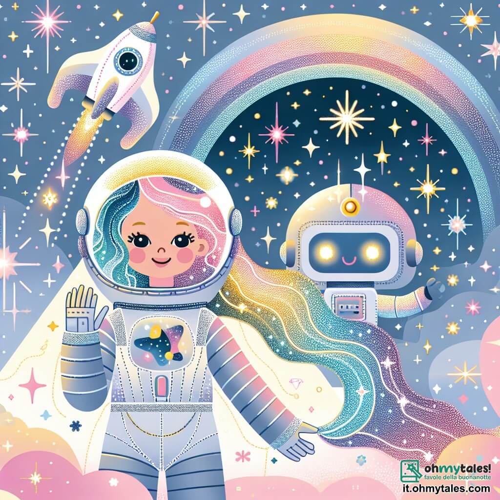 Une illustration sous forme de dessin destinée aux enfants représentant un paysage spatial magique, avec des étoiles scintillantes de toutes les couleurs, où une femme astronaute aux cheveux longs et brillants, portant une combinaison spatiale étincelante, sourit en tenant la main d'un petit robot aux yeux lumineux, tandis qu'ils accueillent des astronautes aux expressions joyeuses qui montent à bord de leur vaisseau spatial, la Stella Volante, qui brille sous la lumière des étoiles, symbolisant l'amitié et l'aventure dans l'immensité de l'univers.