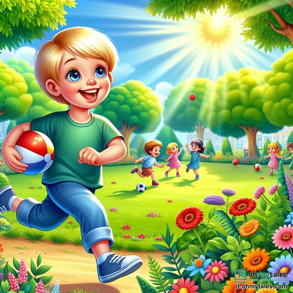 Une illustration sous forme de dessin destinée aux enfants représentant un parc ensoleillé avec des arbres verdoyants et des fleurs colorées, où un garçon de 7 ans aux cheveux blonds et aux yeux bleus, souriant et plein d'énergie, joue à la balle avec d'autres enfants, tandis qu'une maman bienveillante les observe avec un sourire, illustrant le moment où le garçon découvre la joie de jouer à l'extérieur plutôt que de rester devant un écran.
