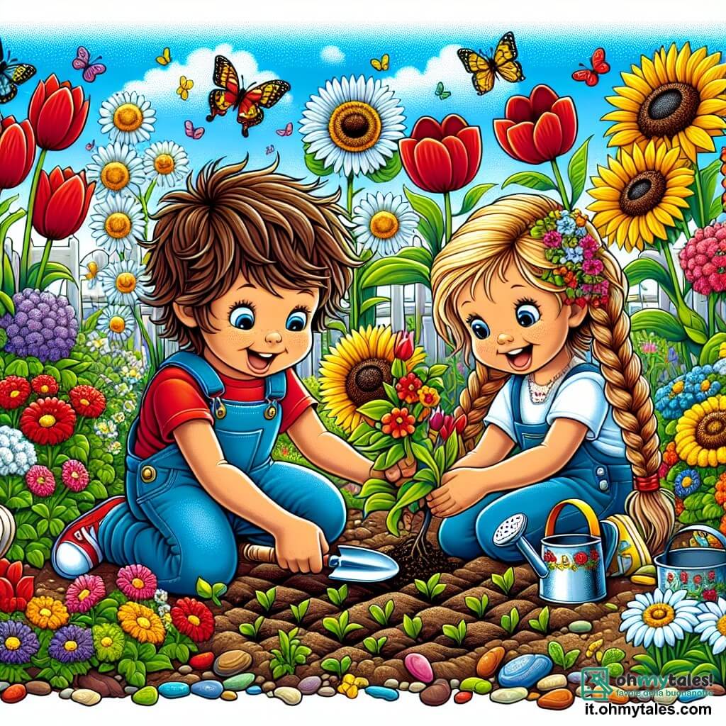Illustrazione che rappresenta un giardino vibrante di colori in primavera, pieno di fiori brillanti come tulipani rossi e gialli, margherite bianche e girasoli che si ergono orgogliosamente sotto un cielo blu chiaro. Al centro della scena, un ragazzo di 11 anni, con capelli castani arruffati e occhi scintillanti di curiosità, è accovacciato, tenendo una piccola pala nelle mani, pronto a piantare semi nel terreno fertile. Accanto a lui, una ragazza di 10 anni, con lunghi capelli biondi intrecciati e un sorriso radioso, lo osserva con entusiasmo, tenendo un annaffiatoio colorato. Insieme stanno creando un piccolo orto, circondati da farfalle colorate che volano intorno a loro e da una leggera brezza che fa danzare i fiori. Il giardino è anche decorato con piccoli attrezzi da giardinaggio sparsi, aggiungendo un tocco di vita a questa scena gioiosa e piena di energia primaverile.