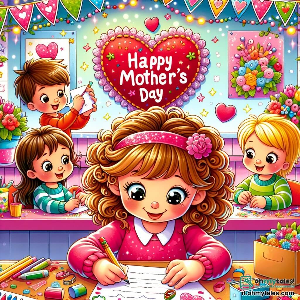 Une illustration sous forme de dessin destinée aux enfants représentant une salle de classe colorée, remplie de décorations joyeuses pour la fête des mères, où une petite fille de 5 ans aux cheveux bouclés et aux yeux pétillants, concentrée et souriante, écrit une lettre sur un bureau, entourée de ses camarades, dont un garçon aux cheveux bruns qui dessine un grand cœur rouge et une fille aux cheveux blonds qui colle des paillettes sur un carton, illustrant le moment magique où les enfants préparent des surprises pour leurs mamans avec des matériaux colorés et des éclats de rire.