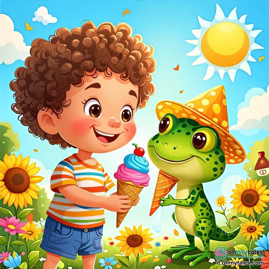 Une illustration sous forme de dessin destinée aux enfants représentant un jardin coloré rempli de fleurs éclatantes sous un ciel bleu ensoleillé, où un petit garçon de 2 ans aux cheveux bouclés et aux yeux pétillants, vêtu d'un t-shirt rayé et d'un short, s'amuse à arroser un grand tournesol souriant, tandis qu'une petite grenouille verte avec des taches jaunes, portant un chapeau en papier, tient un cône de glace magique qui change de couleur, créant une atmosphère joyeuse et ludique.