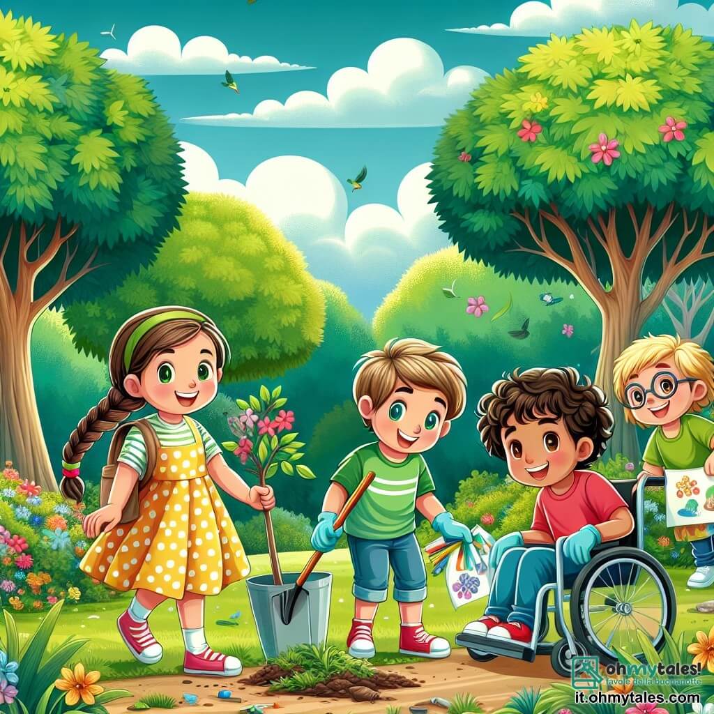 Illustrazione che rappresenta un parco verdeggiante, pieno di alberi maestosi con foglie brillanti di verde, con fiori colorati che danzano sotto una leggera brezza. Al centro, un gruppo di quattro bambini, due ragazze e due ragazzi, è in piena azione. La prima ragazza, di circa 8 anni, ha lunghi capelli castani intrecciati e indossa un vestito giallo a pois. Sorride gioiosamente, tenendo un cartello colorato con un messaggio sulla protezione dell'ambiente. Accanto a lei, un'altra ragazza, di 9 anni, ha capelli ricci e indossa una maglietta verde e un pantaloncino di jeans. Raccoglie rifiuti con dei guanti, mostrando il suo impegno per la pulizia del parco. Il primo ragazzo, di 7 anni, ha capelli biondi arruffati e indossa una maglietta rossa. Sta piantando un piccolo albero, concentrato e determinato. Infine, il secondo ragazzo, di circa 8 anni, è in sedia a rotelle, con un grande sorriso. Tiene dei pastelli e disegna manifesti sulla protezione della natura. Sullo sfondo, altri bambini si uniscono a loro, raccogliendo rifiuti e piantando fiori, mentre un cielo azzurro si estende sopra, simboleggiando un futuro radioso. Uccelli volano gioiosamente, aggiungendo un tocco di vita a questa scena piena di speranza e impegno per il pianeta.