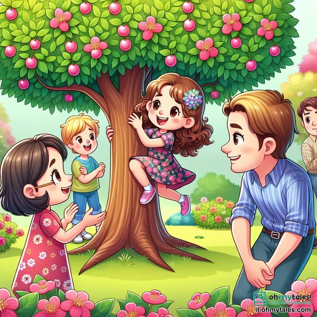 Une illustration sous forme de dessin destinée aux enfants représentant un jardin coloré et fleuri, avec un melo majestueux au centre, où une fille de 8 ans aux cheveux bruns et bouclés, vêtue d'une robe à fleurs, grimpe joyeusement dans l'arbre, tandis qu'un petit garçon de 5 ans aux cheveux blonds, portant un t-shirt bleu, l'observe avec un sourire émerveillé, et leurs parents, un homme aux cheveux châtains et une femme aux cheveux longs et noirs, discutent en bas avec des expressions de préoccupation, illustrant le moment où la famille cherche à se reconnecter malgré les tensions.