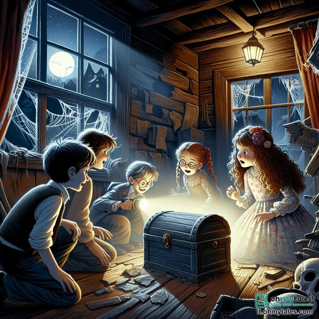 Illustrazione che rappresenta una scena in una vecchia casa misteriosa, con pareti in legno usurate e finestre rotte, dove la luce della luna filtra attraverso le crepe, proiettando ombre inquietanti sul pavimento polveroso. Al centro della stanza, un gruppo di quattro bambini è riunito, i loro volti illuminati dalla luce di una torcia. Il primo bambino è un ragazzo di circa 10 anni, con capelli ricci e occhi scintillanti di curiosità, indossa una maglietta colorata e dei pantaloni corti. Accanto a lui, una ragazza di 9 anni, con lunghi capelli castani intrecciati, vestita con un abito a fiori, guarda intorno a sé con un mix di eccitazione e apprensione. Un altro ragazzo, di 11 anni, con occhiali e un sorriso malizioso, fa una battuta per allentare la tensione, mentre una ragazza di 10 anni, con occhiali e un libro in mano, appare concentrata e saggia, pronta a risolvere il mistero. La scena principale mostra i bambini che scoprono un vecchio baule sul fondo della stanza, circondato da ragnatele, con un bagliore misterioso che emana dall'interno. Oggetti antichi e polverosi sono sparsi intorno a loro, e un leggero vento muove le tende strappate, aggiungendo un tocco di inquietudine all'atmosfera. Ombre danzano sui muri, suggerendo che qualcosa di strano si nasconde in questa casa dimenticata.