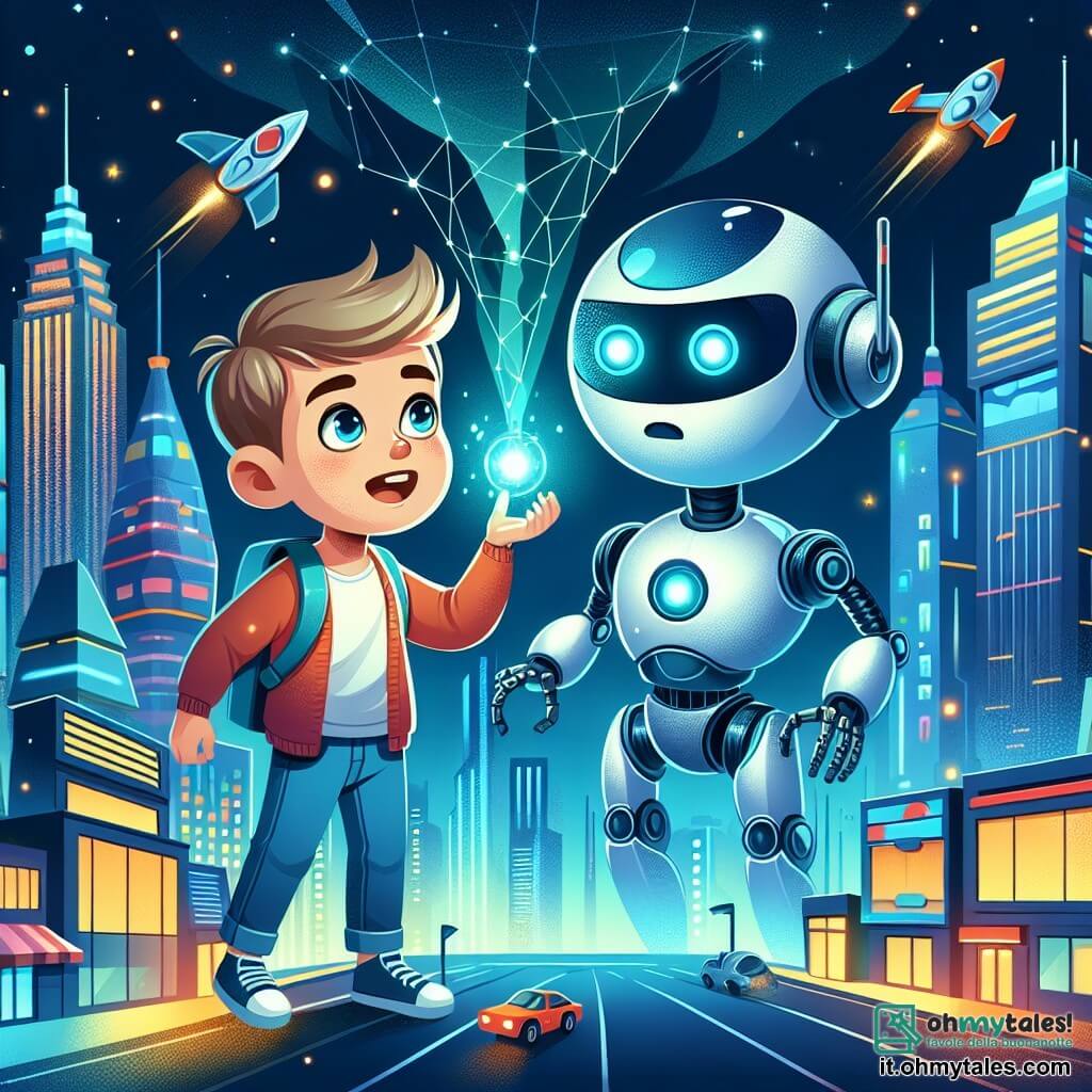 Une illustration destinée aux enfants représentant un garçon passionné de robotique découvrant un robot mystérieux dans une ville futuriste aux grattacieli scintillants, accompagné d'un robot androïde au visage métallique énigmatique, situé dans le cœur de Chromapolis, avec des rues illuminées par des lumières au néon et des automobili volanti dans le ciel.
