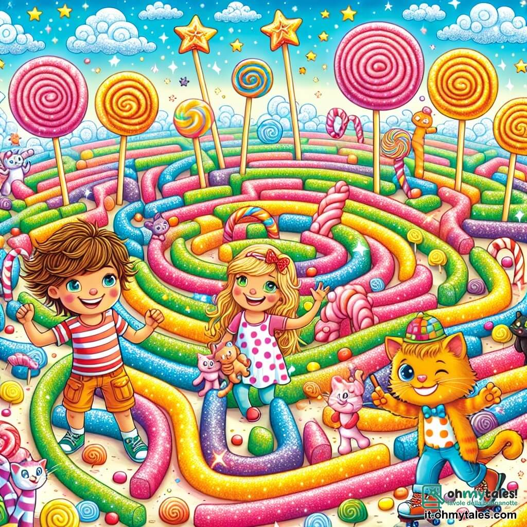 Illustrazione che rappresenta un labirinto colorato fatto di alte siepi di zucchero filato, con sentieri tortuosi e fiori di caramelle multicolori che scintillano sotto un cielo blu splendente. Al centro, un ragazzo di circa 10 anni, con capelli castani disordinati e un grande sorriso, indossa una maglietta a righe e un pantaloncino. Accanto a lui, una ragazza di 9 anni, con capelli lunghi e biondi, vestita con un abito a pois, tiene un piccolo animale di peluche. Sono circondati da diversi gatti magici: un gatto arancione con occhiali da sole e una cravatta a pois, che suona la chitarra, e un gatto viola che pattina su rotelle di liquirizia. La scena mostra i bambini che ridono e si divertono, mentre un altro gatto, con un monocolo, si trova davanti a una porta segreta decorata con stelle di zucchero. Risate e colori vivaci riempiono l'aria, creando un'atmosfera gioiosa e ludica. Nuvole a forma di marshmallow fluttuano sopra, aggiungendo un tocco di magia a questa avventura stravagante.