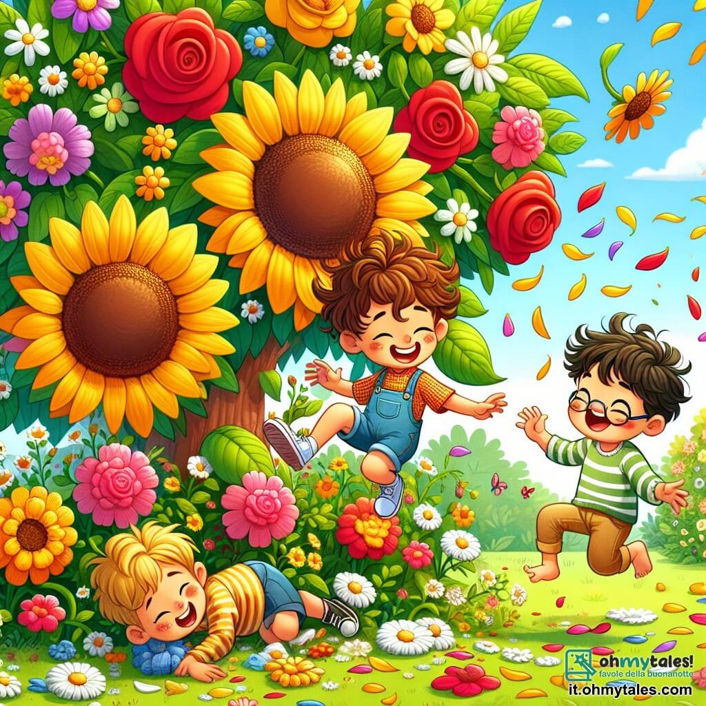 Illustrazione che rappresenta un giardino magico, pieno di fiori brillanti dai colori vivaci, come rose rosse, girasoli gialli e delicate violette. Al centro, un grande albero con foglie verdi lussureggianti, le cui branche si estendono come braccia accoglienti. In questa scena, un ragazzo di 8 anni con capelli ricci e un ampio sorriso, indossando una maglietta blu e pantaloni corti rossi, salta felicemente su un grande girasole. Accanto a lui, un ragazzo di 9 anni con occhiali che scivolano sul naso, vestito con una camicia a quadri e pantaloni beige, ride mentre cerca di mantenere l'equilibrio. Infine, un ragazzo di 7 anni, un po' distratto, con capelli arruffati e un maglione a righe, sta per cadere in un mucchio di margherite, con il viso radioso di gioia. La situazione principale mostra i tre amici intenti a giocare a un gioco di salti da un fiore all'altro, circondati da petali colorati che volano intorno a loro. Sullo sfondo, un piccolo drago verde con ali scintillanti li osserva ridendo, aggiungendo un tocco di magia a questa scena ludica. Farfalle danzano nell'aria e un cielo azzurro chiaro completa questo quadro incantevole.