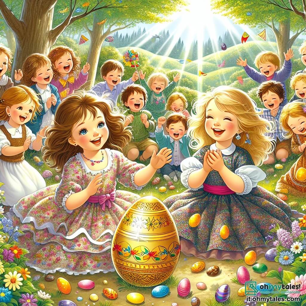 Illustrazione che rappresenta una radiosa giornata di primavera in una piccola radura verdeggiante, circondata da alberi maestosi con foglie brillanti e fiori colorati che danzano al vento. Al centro della scena, tre bambini sono riuniti: una ragazza di nove anni con capelli castani e occhi scintillanti, che indossa un vestito a fiori e sorride gioiosamente tenendo un uovo decorato; un'altra ragazza, anch'essa di nove anni, con capelli ricci e un abbigliamento colorato, che ride ascoltando una storia; e un ragazzo della stessa età, con capelli biondi e occhiali, che applaude con entusiasmo. Sono circondati da altri bambini che ridono e giocano, creando un'atmosfera festosa e gioiosa. In primo piano, un grande uovo di Pasqua dorato brilla sotto il sole, mentre caramelle e cioccolatini colorati sono sparsi intorno a loro, aggiungendo un tocco di magia a questa scena di condivisione e felicità.