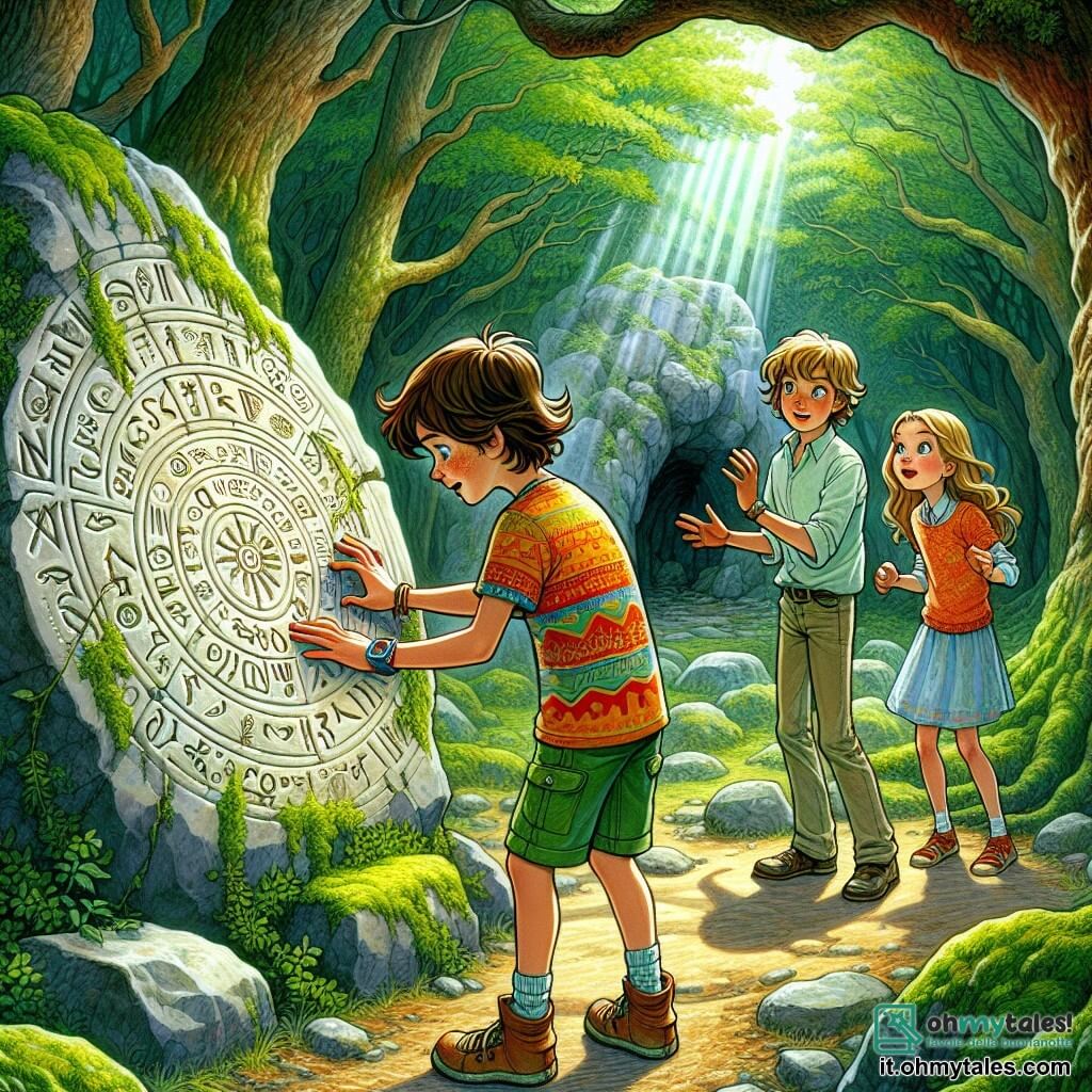 Une illustration sous forme de dessin destinée aux enfants représentant une clairière enchantée au cœur d'une forêt dense, où un garçon de 11 ans aux cheveux bruns et aux yeux pétillants, vêtu d'un t-shirt coloré et d'un short, se tient devant une grande pierre couverte de mousse, explorant des symboles mystérieux gravés sur sa surface, tandis que deux de ses amis, une fille aux cheveux longs et blonds portant une robe légère et un garçon aux cheveux châtains avec des lunettes, l'observent avec curiosité et excitation, tous trois prêts à découvrir les secrets d'un tunnel magique qui pourrait les transporter dans le temps.
