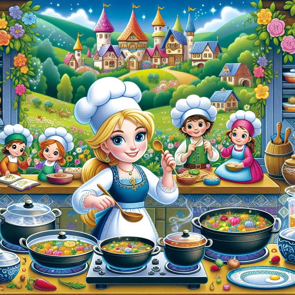 Une illustration destinée aux enfants représentant une jeune femme chef cuisinier talentueuse, préparant un délicieux festin avec l'aide de sa joyeuse équipe de personnages secondaires, dans une cuisine magique et colorée remplie de casseroles bouillonnantes, d'ustensiles étincelants et d'épices parfumées, située au cœur d'un village enchanté entouré de champs verdoyants et de collines fleuries.