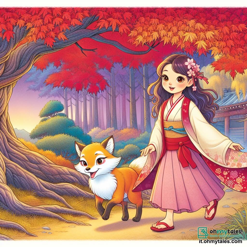 Une illustration destinée aux enfants représentant une jeune femme curieuse et bienveillante, se promenant dans une forêt enchantée du Japon, accompagnée d'un astucieux kitsune, avec en toile de fond un majestueux acero seculaire aux feuilles rouges flamboyantes qui évoque la magie de l'automne.