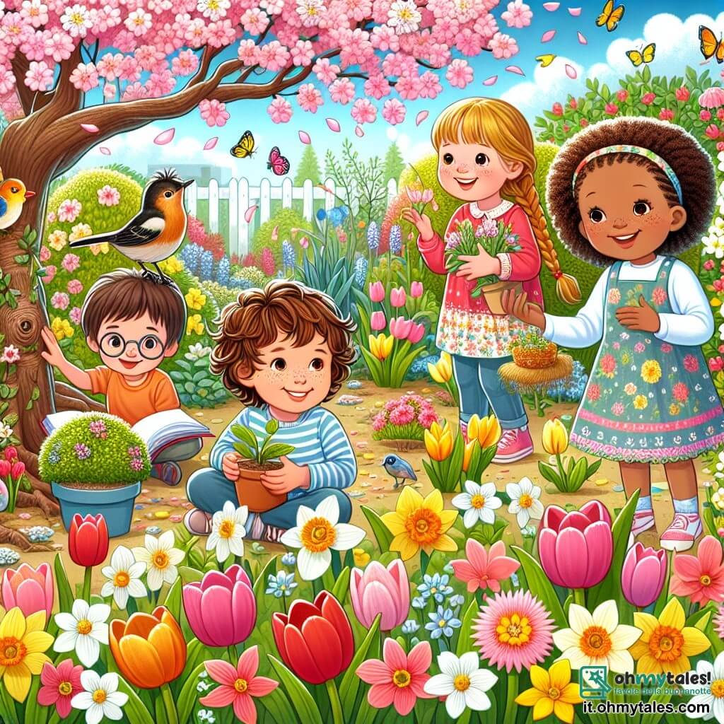 Illustrazione che rappresenta un giardino in piena fioritura in primavera, pieno di tulipani colorati, narcisi e un grande ciliegio in fiore, i cui petali rosa cadono dolcemente a terra come neve. Al centro della scena, un ragazzo di circa 10 anni, con capelli castani e ricci, sorride gioiosamente tenendo un piccolo albero in vaso, pronto per essere piantato. Accanto a lui, una ragazza di circa 9 anni, con lunghi capelli biondi intrecciati e un vestito a fiori, osserva attentamente un nido di uccelli nascosto in un cespuglio. Un altro ragazzo di circa 10 anni, con occhiali e capelli castani, sfoglia un libro sulle piante, mentre un quarto bambino, una ragazza di circa 8 anni, con capelli rossi e lentiggini, si accovaccia per toccare la terra. Sullo sfondo, farfalle colorate volano intorno ai fiori, e un cielo azzurro chiaro con alcune nuvole bianche aggiunge un tocco di dolcezza a questa scena primaverile gioiosa e piena di vita.