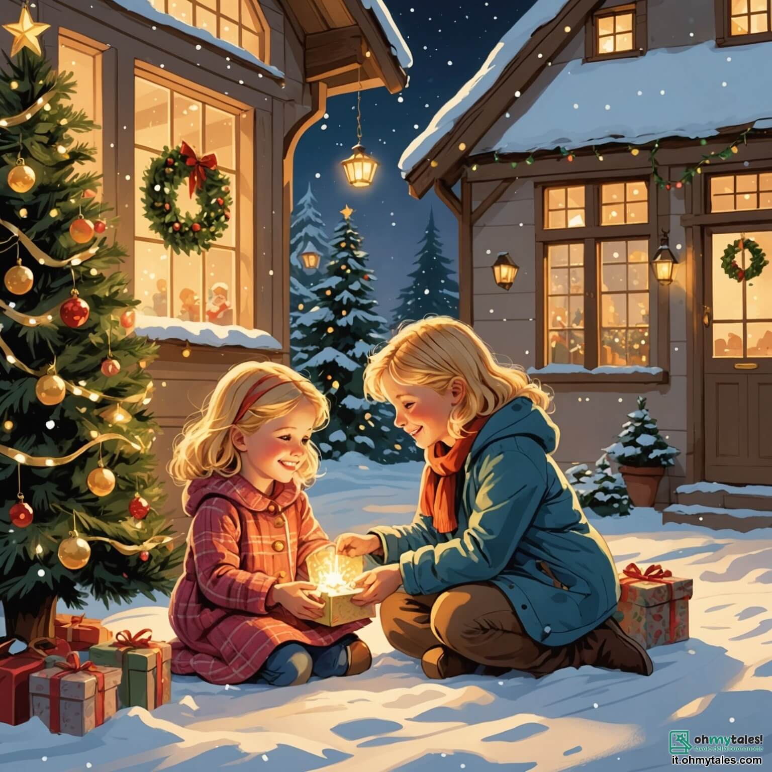 Une illustration destinée aux enfants représentant une petite fille aux cheveux dorés, pétillante de joie, qui rêve d'un merveilleux cadeau de Noël, entourée de sa maman souriante, dans une chaleureuse maison décorée avec des guirlandes scintillantes, un grand sapin illuminé trônant dans le coin, tandis que la neige tombe doucement à l'extérieur, recouvrant le jardin de son manteau blanc.