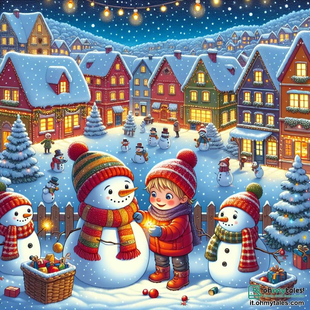 Illustrazione che rappresenta una deliziosa piazzetta nascosta in una città innevata, circondata da case colorate con i tetti coperti di neve scintillante. Al centro, una piccola famiglia di pupazzi di neve, con sciarpe colorate e cappelli buffi, si tiene gioiosamente. Un bambino di cinque anni, con capelli biondi e guance rosa, sta decorando uno dei pupazzi di neve con una sciarpa rossa. Accanto a lui, una bambina di quattro anni, con capelli ricci e un cappotto rosso vivo, sorride mentre tiene una ghirlanda luminosa che sta per appendere. La scena trasmette un'atmosfera festosa e magica, con fiocchi di neve che cadono dolcemente dal cielo stellato. Luci scintillanti illuminano la piazza, creando un'atmosfera calda e gioiosa. Sullo sfondo, le stelle brillano nel cielo, aggiungendo un tocco di magia a questa notte di Natale.