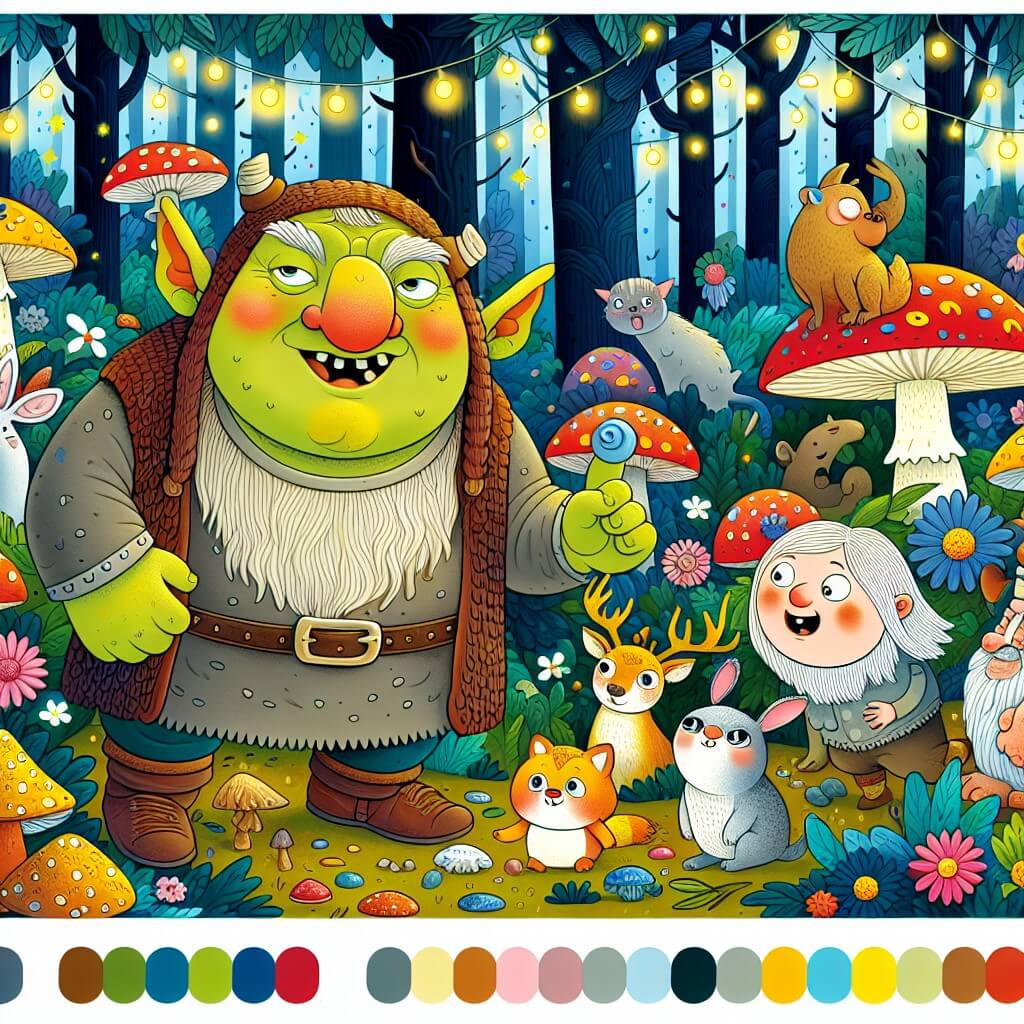 Une illustration destinée aux enfants représentant un ogre rigolo, entouré d'animaux farfelus, dans une forêt enchantée remplie de champignons lumineux et de fleurs colorées.