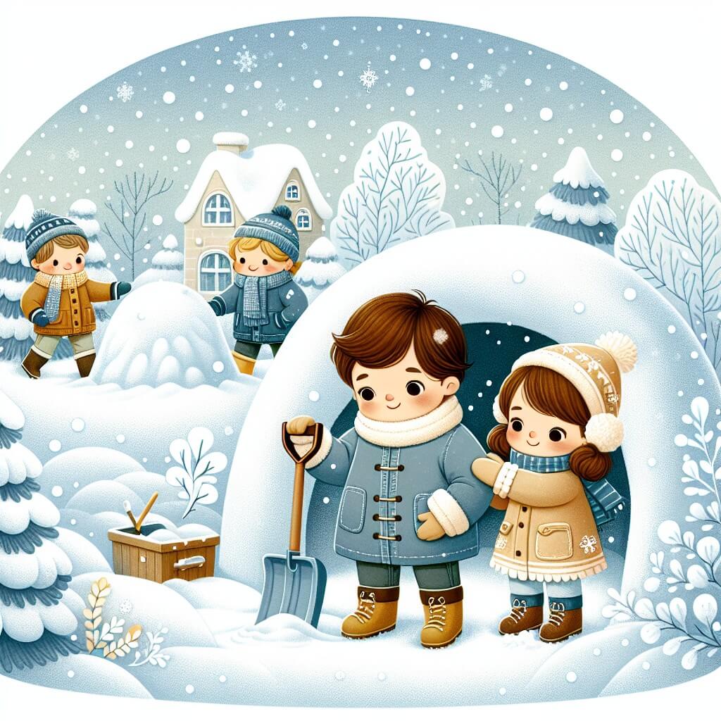 Une illustration destinée aux enfants représentant un petit garçon vêtu d'un cappotto chaud, tenant une pelle à neige, jouant dans une grande grotte de neige avec un ami et une nouvelle amie, entourés d'arbres enneigés et de flocons de neige virevoltants, créant une ambiance magique dans un paisible village d'hiver.