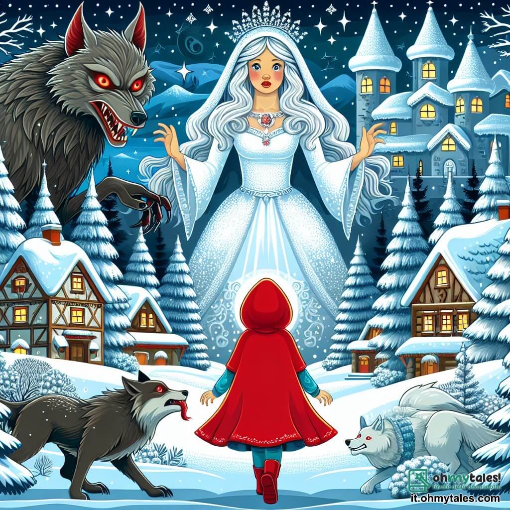 Une illustration destinée aux enfants représentant une jeune fille au cappuccio rouge vif, confrontée à un loup maléfique, accompagnée d'une reine des neiges majestueuse, dans un village montagnard enneigé aux maisons pittoresques aux toits pointus et aux cheminées fumantes, entouré de grands sapins couverts de neige scintillante.