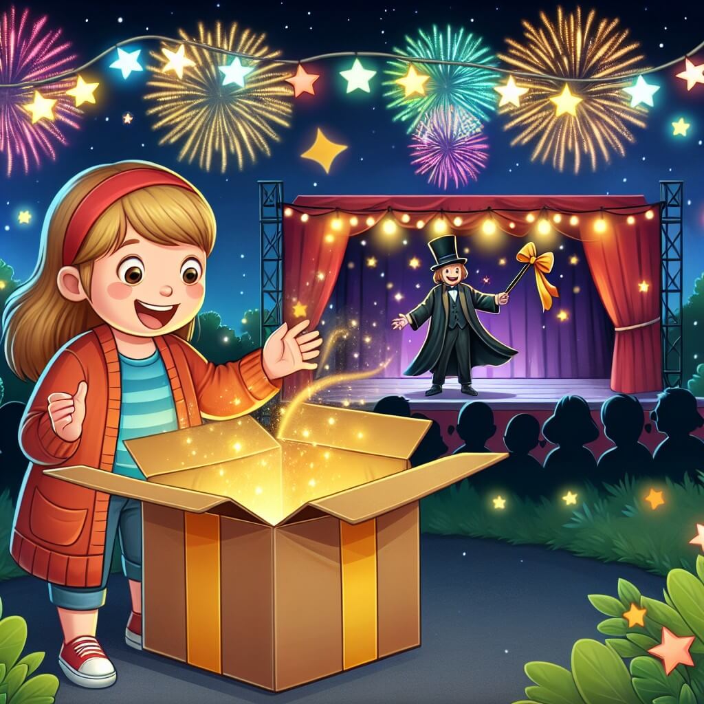 Une illustration destinée aux enfants représentant une jeune fille pleine d'enthousiasme, entourée de feux d'artifice colorés, découvrant un mystérieux paquet, avec en arrière-plan un parc illuminé de guirlandes scintillantes et un palco où se produit un illusionniste énigmatique.