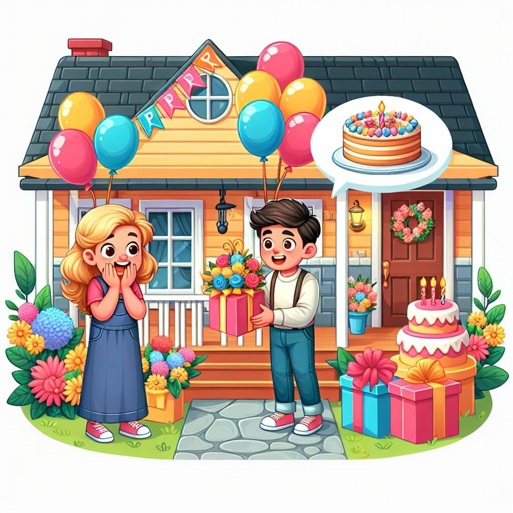 Une illustration destinée aux enfants représentant un jeune garçon plein d'enthousiasme, préparant une fête surprise pour sa maman, avec l'aide de son papa, dans une maison chaleureuse et colorée, remplie de ballons, de fleurs et de délicieux gâteaux.