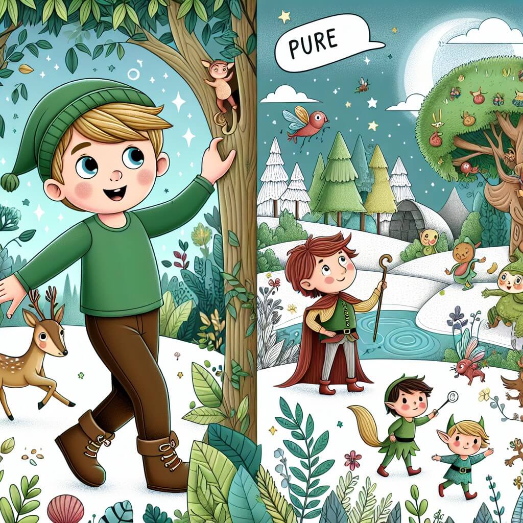 Une illustration destinée aux enfants représentant un jeune garçon plein de curiosité, se retrouvant dans un monde magique rempli de créatures drôles et de paysages féeriques, accompagné d'un petit elfe espiègle, dans un jardin enchanté avec des arbres parlants et des animaux chantants.