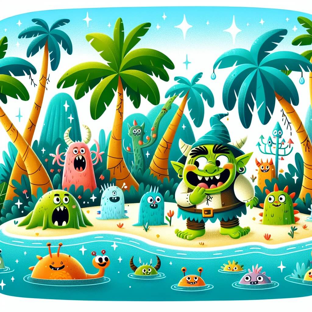 Une illustration destinée aux enfants représentant un ogre farfelu découvrant une île enchantée peuplée de créatures rigolotes, entourée d'un océan turquoise et bordée de palmiers géants aux feuilles chatoyantes.