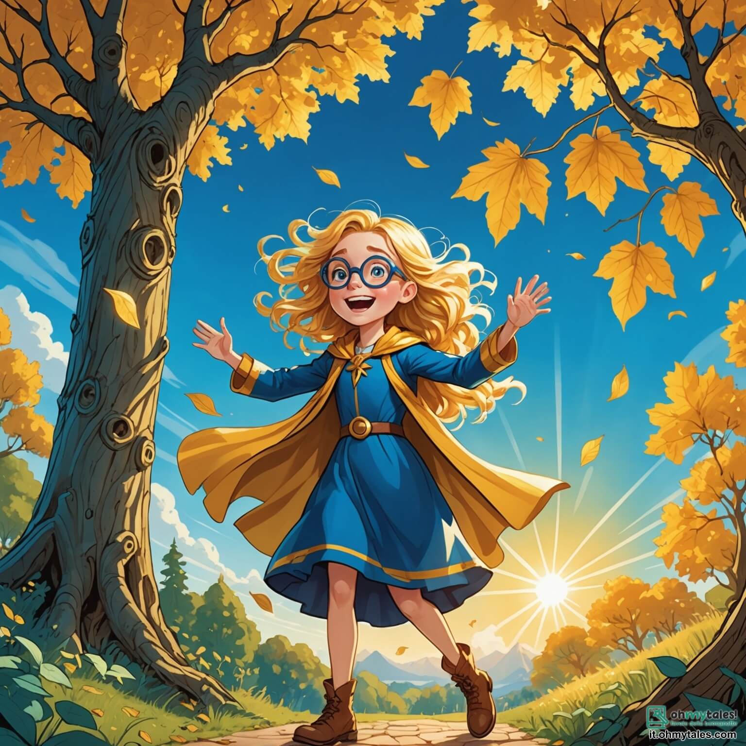 Une illustration destinée aux enfants représentant une héroïne aux cheveux dorés flottants comme des rayons de soleil, vêtue d'un costume éclatant de bleu et d'or, qui s'élève dans le ciel azur au-dessus d'un royaume magique rempli d'arbres aux troncs tordus et aux feuilles scintillantes, tandis qu'un vieux scientifique à lunettes, son ami fidèle, l'accompagne dans sa quête pour récupérer un cristal volé par une ombre maléfique dans la mystérieuse et envoûtante Forêt des Ombres, où la lumière peine à percer l'obscurité.
